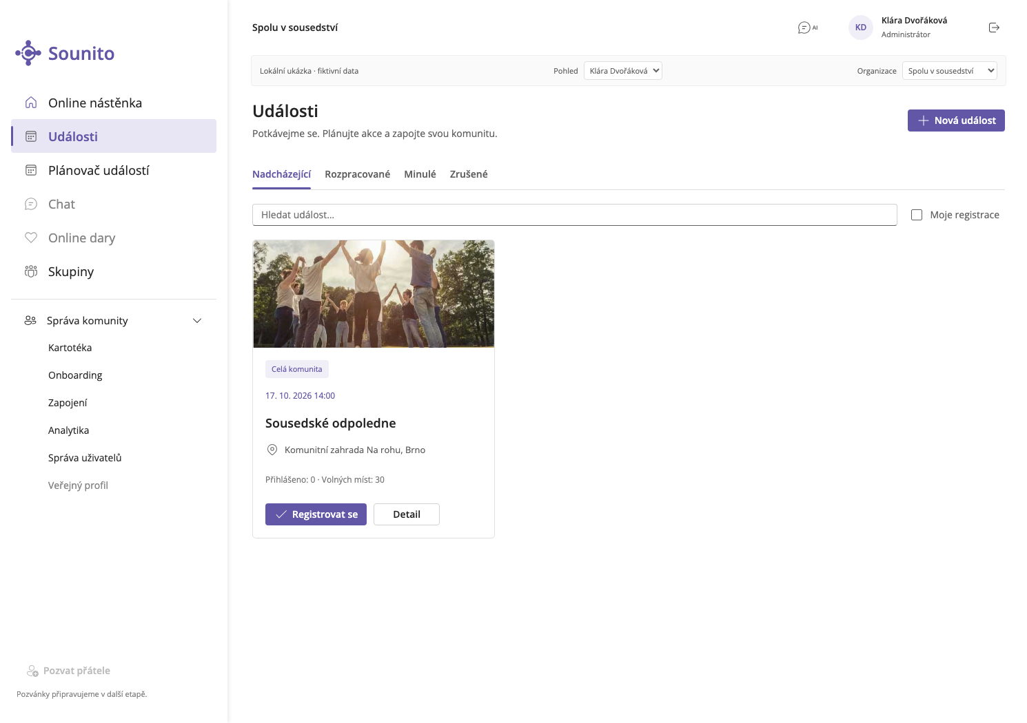 Skutečná obrazovka Události s registrací na Sousedské odpoledne.